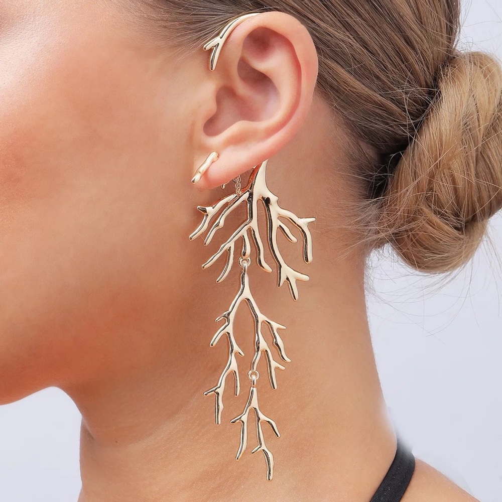 Boho Punk Asymmetric Long Dangling Gold Branch Cuff Earring - Picture 1 of 14